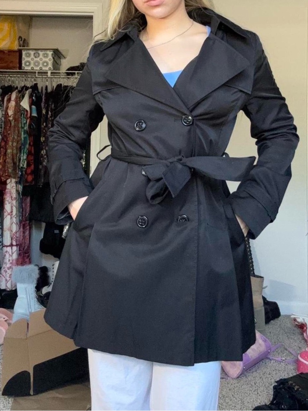 Vintage DKNY Black Double-Breasted Trench Coat w Tie Belt & Hood Raincoat Size M
